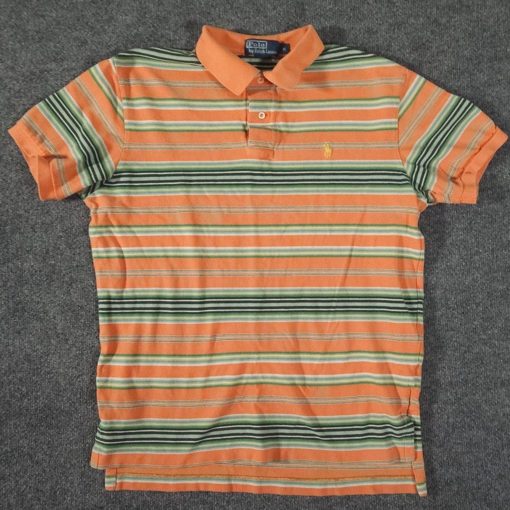 Vintage Ralph Lauren Polo Shirt Men Medium Orange Green Striped Rugby Y2K 2000s